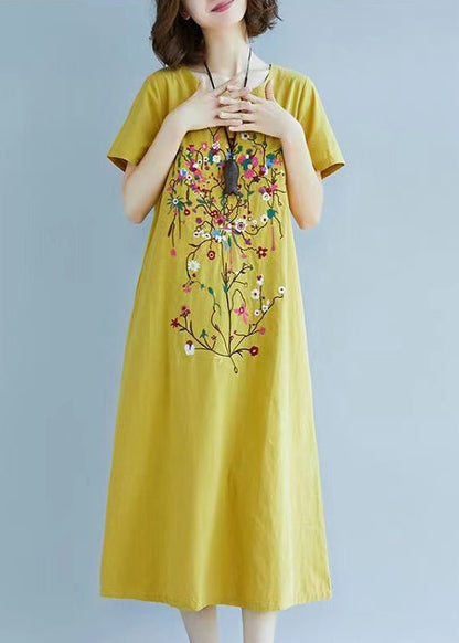 Leinen Chic Kleid Fein Bestickt Sommer Gelb