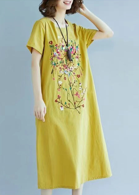 Leinen Chic Kleid Fein Bestickt Sommer Gelb