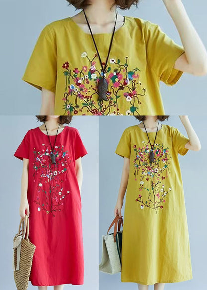 Leinen Chic Kleid Fein Bestickt Sommer Gelb