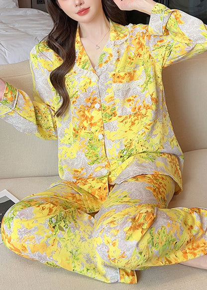 Chic Yellow Print Button Ice Silk Two Pieces Set Long Sleeve XS1015