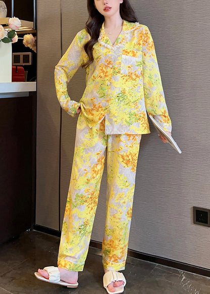 Chic Yellow Print Button Ice Silk Two Pieces Set Long Sleeve XS1015