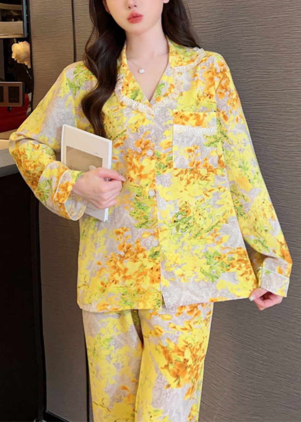 Chic Yellow Print Button Ice Silk Two Pieces Set Long Sleeve XS1015