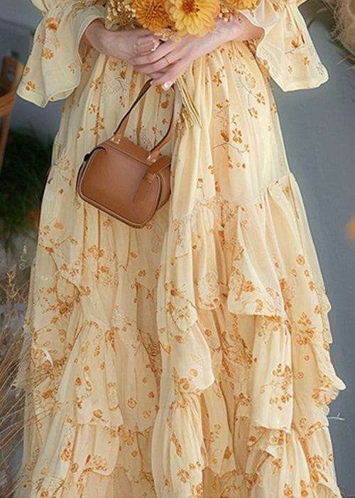 Chic Yellow Ruffled Print Chiffon Dress Flare Sleeve KJ013