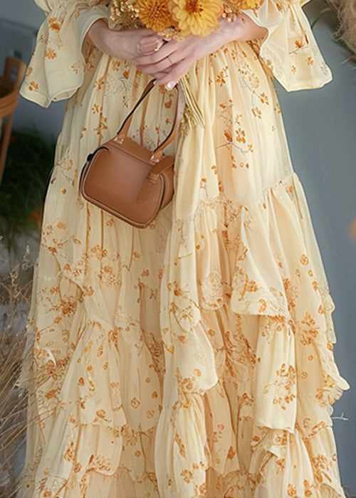 Chic Yellow Ruffled Print Chiffon Dress Flare Sleeve KJ013