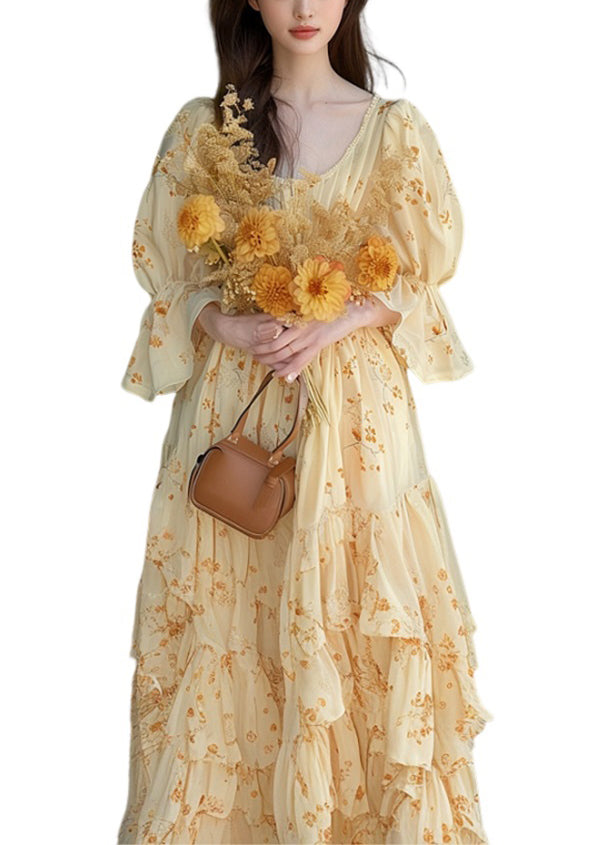 Chic Yellow Ruffled Print Chiffon Dress Flare Sleeve KJ013