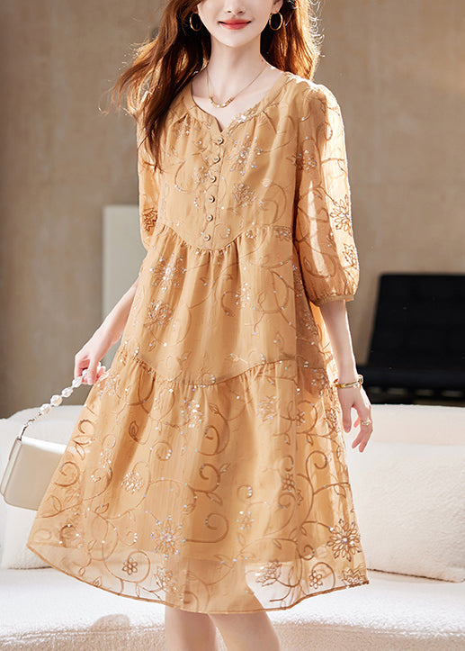 Robe d'été en coton jaune à paillettes chic et patchwork brodée