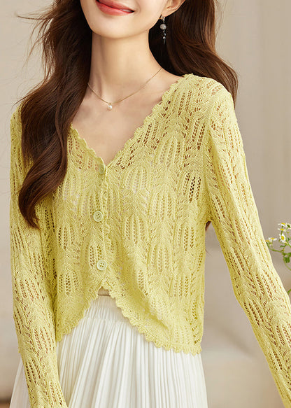 Cardigans chics en tricot jaune à col en V et ajouré pour l'été TH026