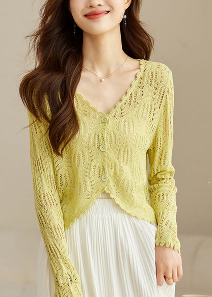 Cardigans chics en tricot jaune à col en V et ajouré pour l'été TH026
