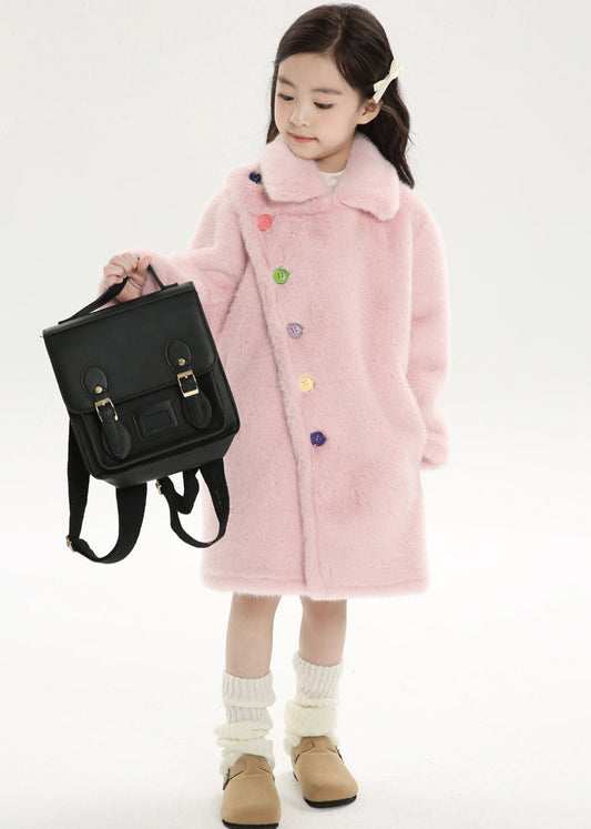 Manteau long en laine et velours de vison pour enfant, col Peter Pan asymétrique rose chic, hiver WL016