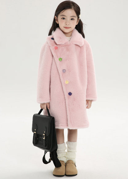 Manteau long en laine et velours de vison pour enfant, col Peter Pan asymétrique rose chic, hiver WL016