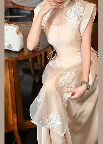 Chinese Style Apricot Button Lace Up Silk Two Piece Set Outfits Sleeveless KK026