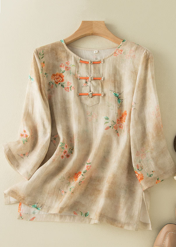 Chemise en lin style abricot à col rond et imprimé oriental, boutonnée sur le côté, manches bracelet, TP049