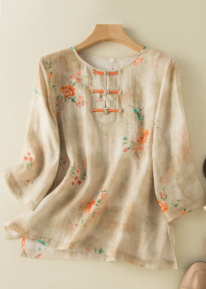 Chemise en lin style abricot à col rond et imprimé oriental, boutonnée sur le côté, manches bracelet, TP049