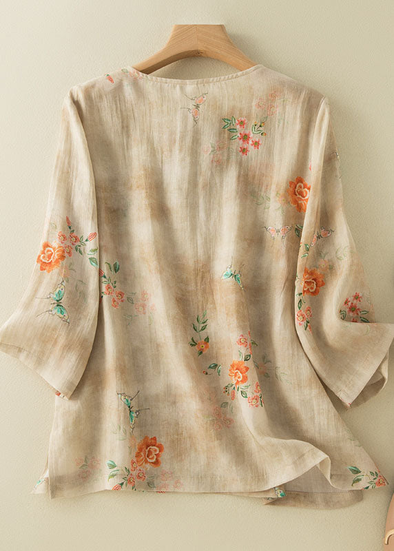 Chemise en lin style abricot à col rond et imprimé oriental, boutonnée sur le côté, manches bracelet, TP049