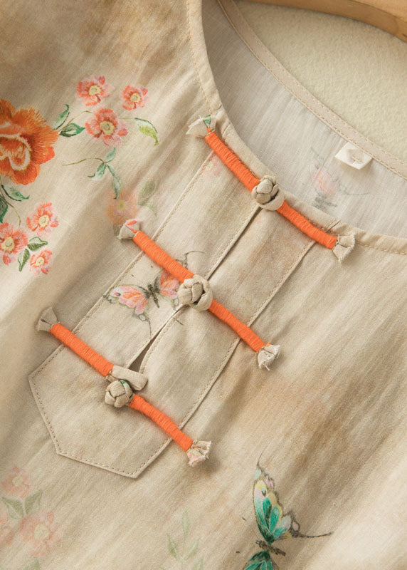 Chemise en lin style abricot à col rond et imprimé oriental, boutonnée sur le côté, manches bracelet, TP049