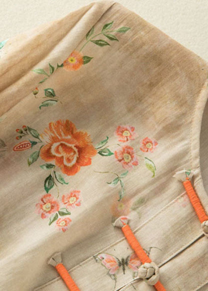 Chemise en lin style abricot à col rond et imprimé oriental, boutonnée sur le côté, manches bracelet, TP049