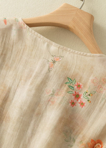 Chemise en lin style abricot à col rond et imprimé oriental, boutonnée sur le côté, manches bracelet, TP049