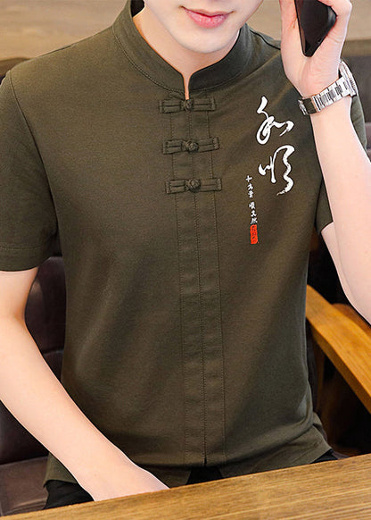 Grünes Herren-Armeehemd mit Kragen aus Baumwolle im chinesischen T-Stil