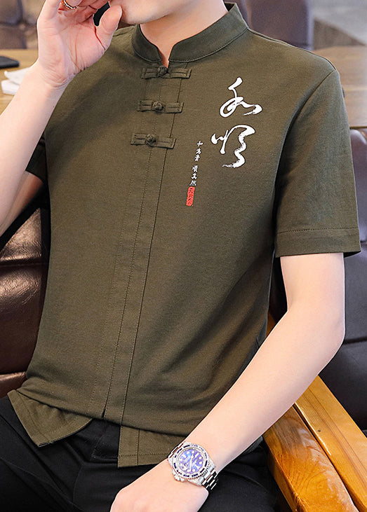Grünes Herren-Armeehemd mit Kragen aus Baumwolle im chinesischen T-Stil