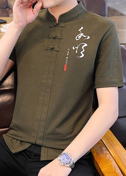 Grünes Herren-Armeehemd mit Kragen aus Baumwolle im chinesischen T-Stil