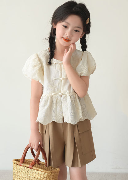 Chemise à manches courtes pour enfants beige à col rond et boutons patchwork de style chinois SS1004