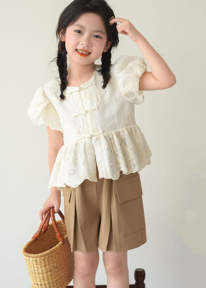 Chemise à manches courtes pour enfants beige à col rond et boutons patchwork de style chinois SS1004