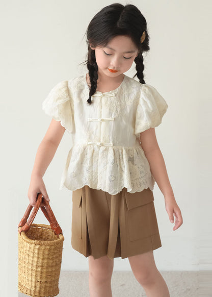 Chemise à manches courtes pour enfants beige à col rond et boutons patchwork de style chinois SS1004