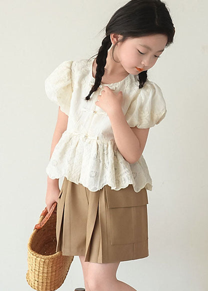 Chemise à manches courtes pour enfants beige à col rond et boutons patchwork de style chinois SS1004