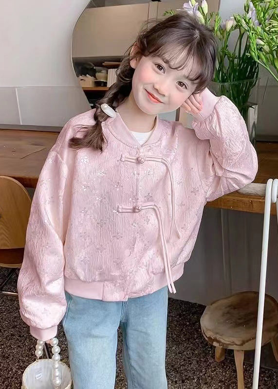 Chinese Style Beige O-Neck Sequins Button Kids Coats Fall QV038