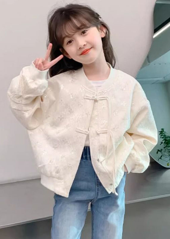 Chinese Style Beige O-Neck Sequins Button Kids Coats Fall QV038