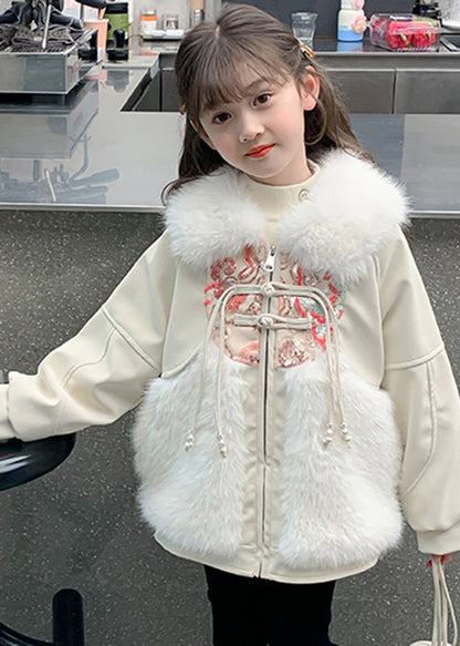 Chinesischen Stil Beige Peter Pan Kragen Embroideried Patchwork Warme Fleece Kinder Mäntel WinterTG026