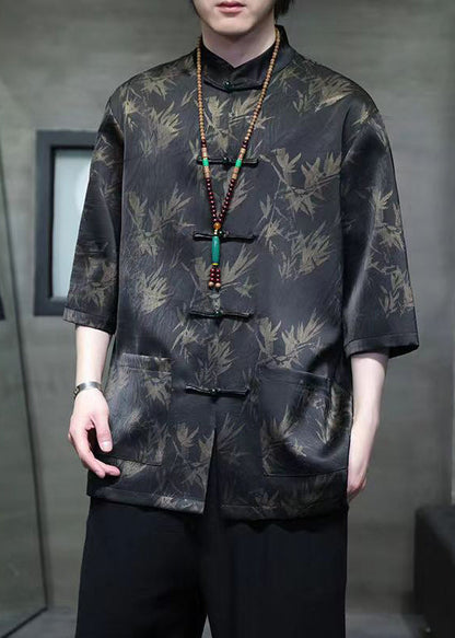 Chemise d'été en soie glacée noire à poches boutonnées de style chinois pour hommes YT090