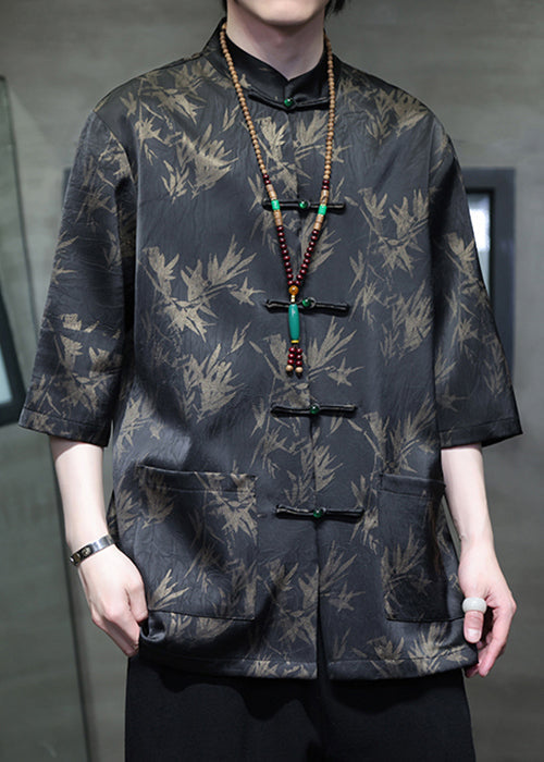 Chinese Style Black Button Pockets Ice Silk Men Shirt Summer YT090