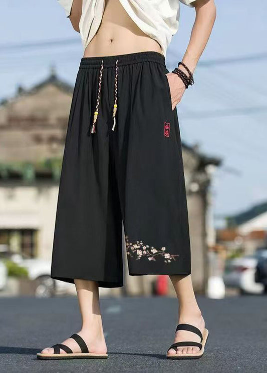 Chinese Style Black Pockets Print Elastic Waist Men Crop Pants Summer SA051