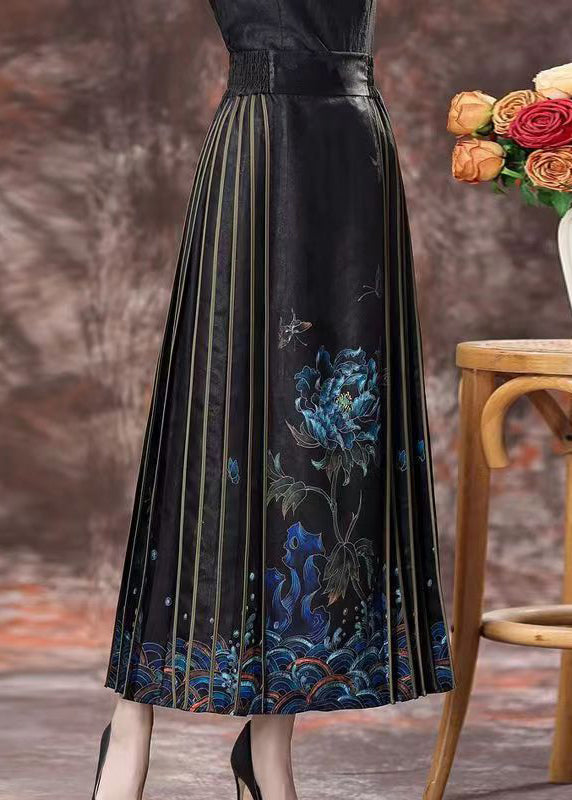 Chinese Style Black Print High Waist Silk Skirts Spring QQ1043