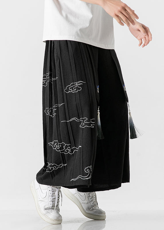 Chinese Style Black Ribbon Print Wrinkled Linen Wide Leg Pants Summer SA048