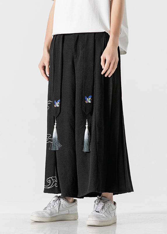 Chinese Style Black Ribbon Print Wrinkled Linen Wide Leg Pants Summer SA048