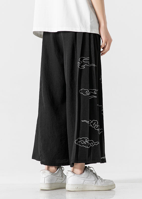 Chinese Style Black Ribbon Print Wrinkled Linen Wide Leg Pants Summer SA048