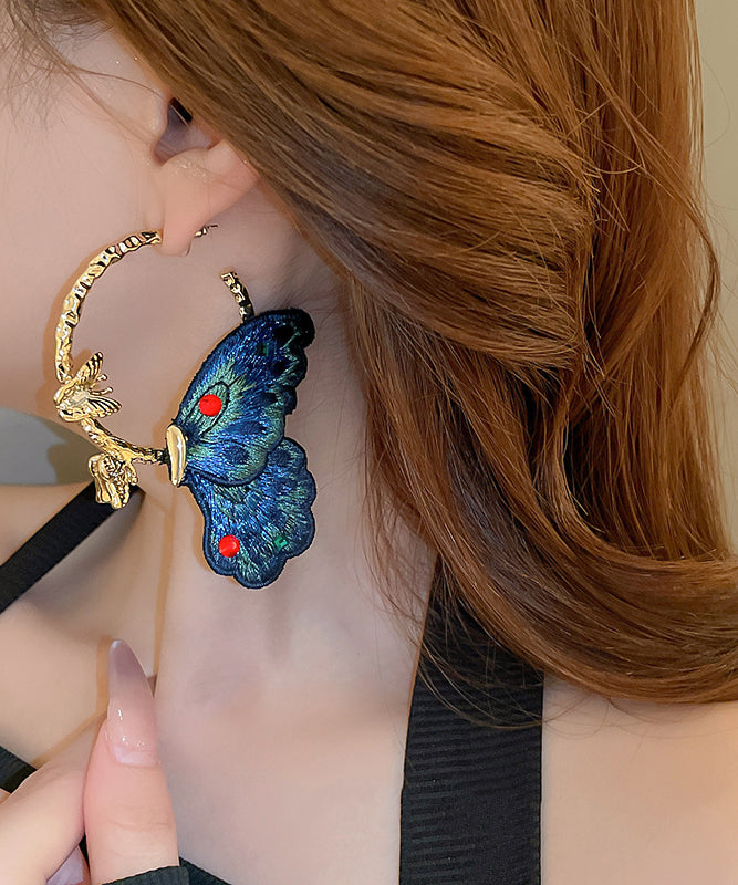 Chinese Style Blue Alloy Inlaid Cloth Embroidery Zircon Butterfly Hoop Earrings QJ048