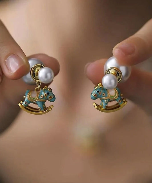Blue Earrings Foal Stud Overgild Style Copper Pearl Chinese