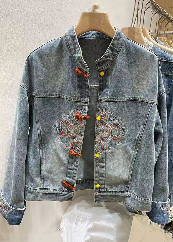 Chinese Style Blue Embroidered Button Denim Coat Spring Ada Fashion