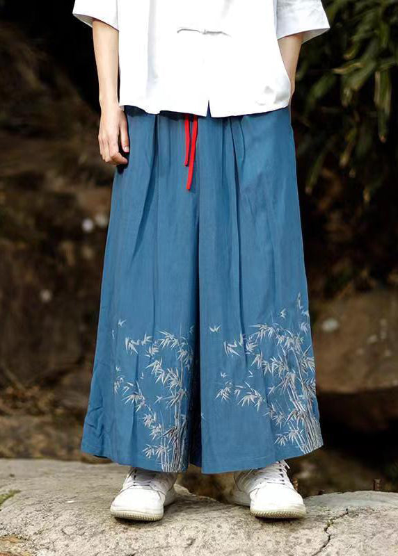 Chinese Style Blue Embroideried Pockets Cotton Mens Wide Leg Pants Summer SA032