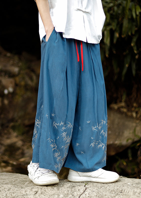 Chinese Style Blue Embroideried Pockets Cotton Mens Wide Leg Pants Summer SA032