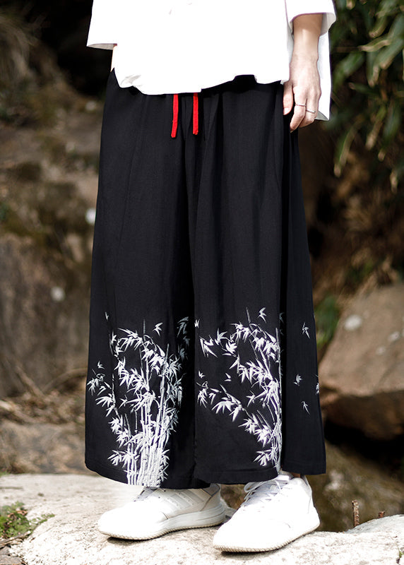 Chinese Style Blue Embroideried Pockets Cotton Mens Wide Leg Pants Summer SA032