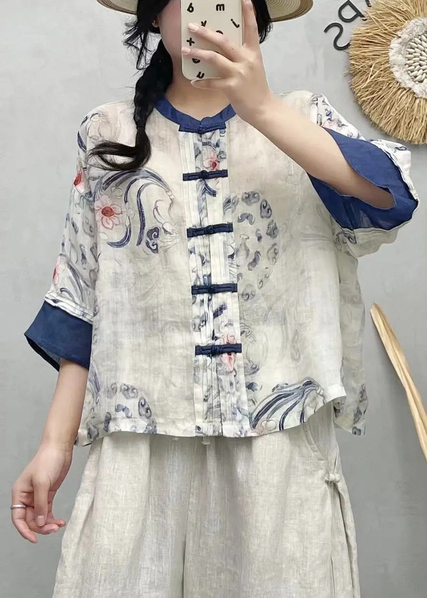 Shirts Summer Style Blue Chinese Linen Patchwork Print