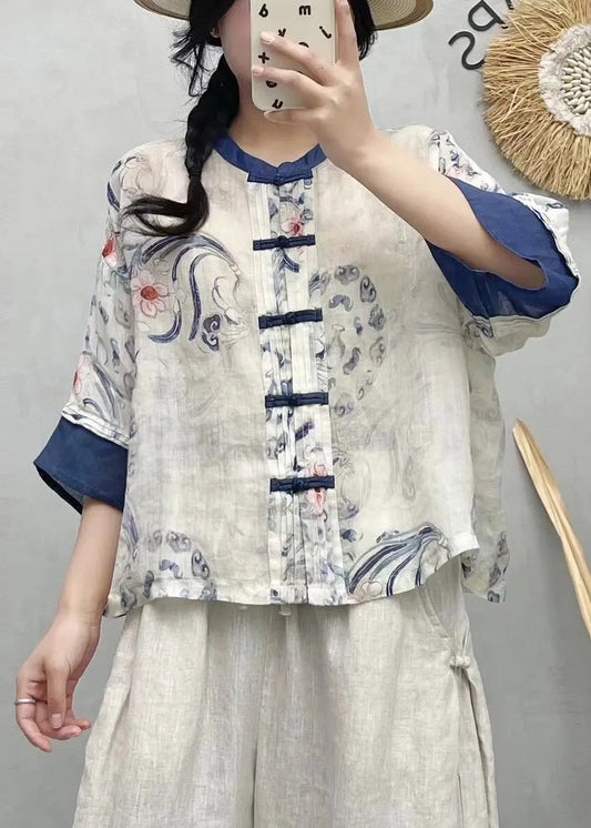 Hemden Sommer Stil Blau Chinesische Leinen Patchwork Druck