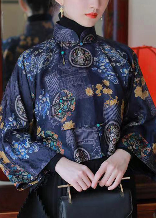 Chemises en soie imprimées à col montant bleu style chinois, printemps YW038