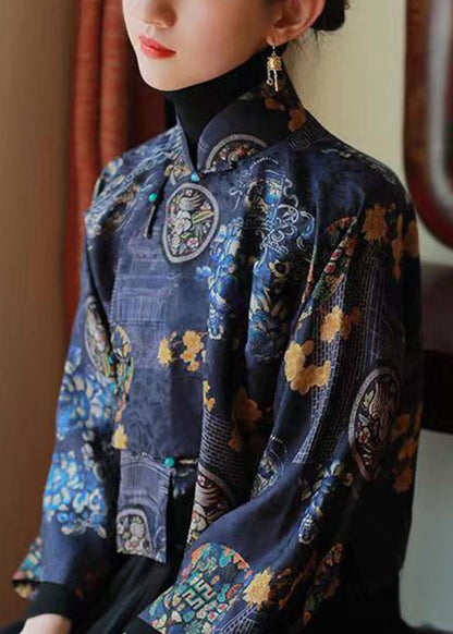 Chemises en soie imprimées à col montant bleu style chinois, printemps YW038