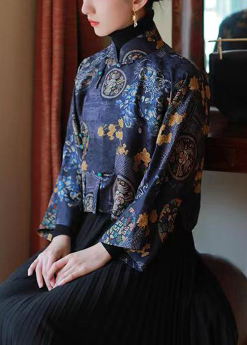Chemises en soie imprimées à col montant bleu style chinois, printemps YW038