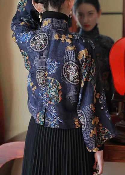 Chemises en soie imprimées à col montant bleu style chinois, printemps YW038